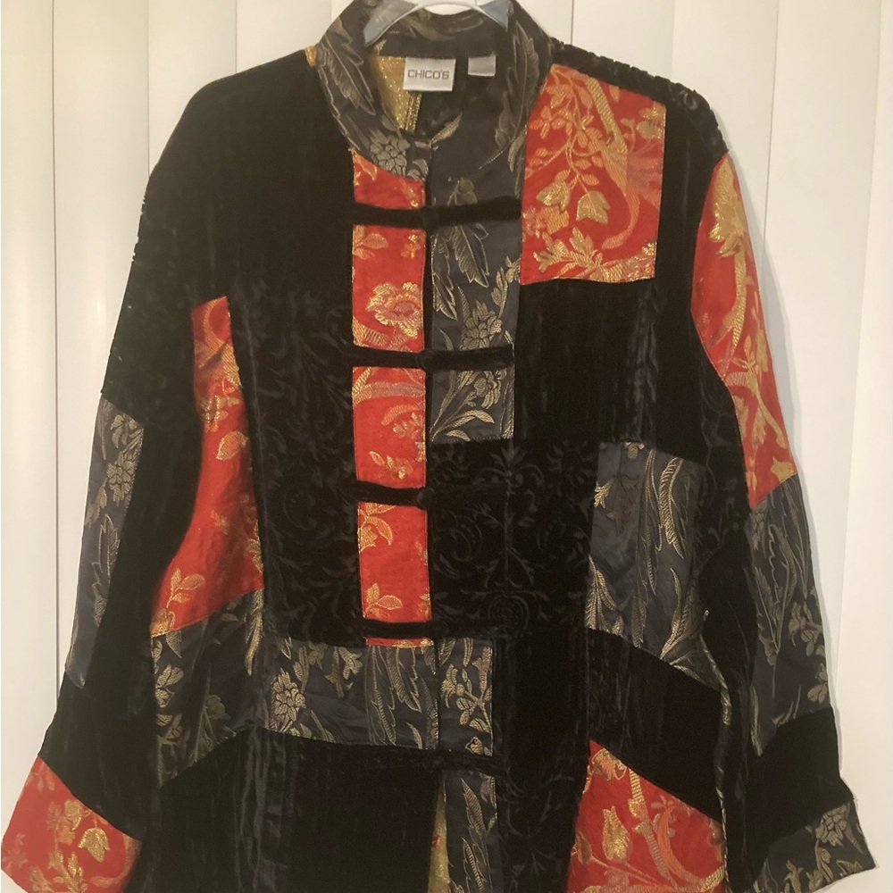 Chico's ASIAN VELVET RED Silk Patchwork Burnout Blazer Jacket Size X Large Blk